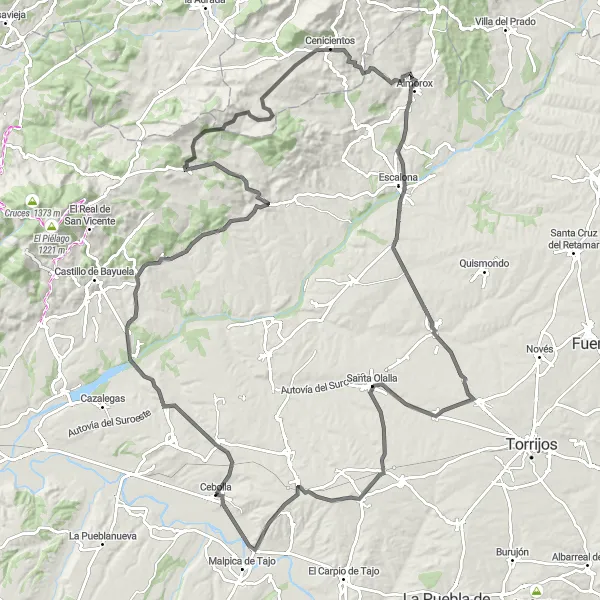 Miniatua del mapa de inspiración ciclista "Ruta de las Colinas y los Pueblos" en Castilla-La Mancha, Spain. Generado por Tarmacs.app planificador de rutas ciclistas