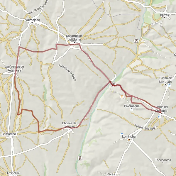 Miniatuurkaart van de fietsinspiratie "Avontuurlijke gravelfietstocht in de buurt van Cedillo del Condado" in Castilla-La Mancha, Spain. Gemaakt door de Tarmacs.app fietsrouteplanner