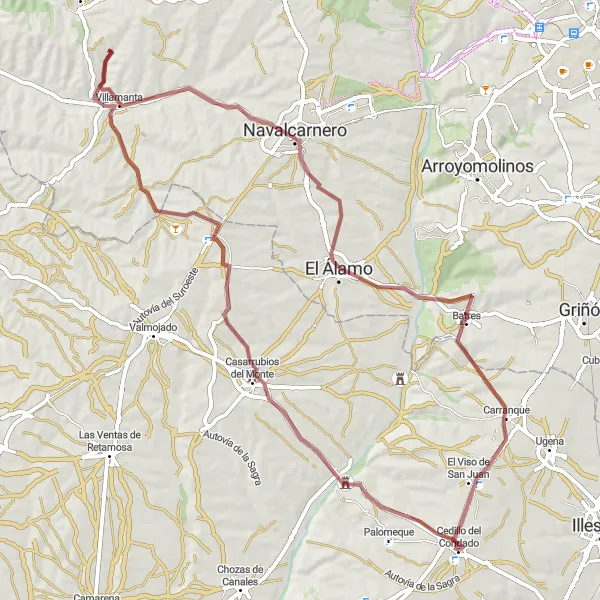 Map miniature of "Cedillo del Condado Castle Gravel Journey" cycling inspiration in Castilla-La Mancha, Spain. Generated by Tarmacs.app cycling route planner