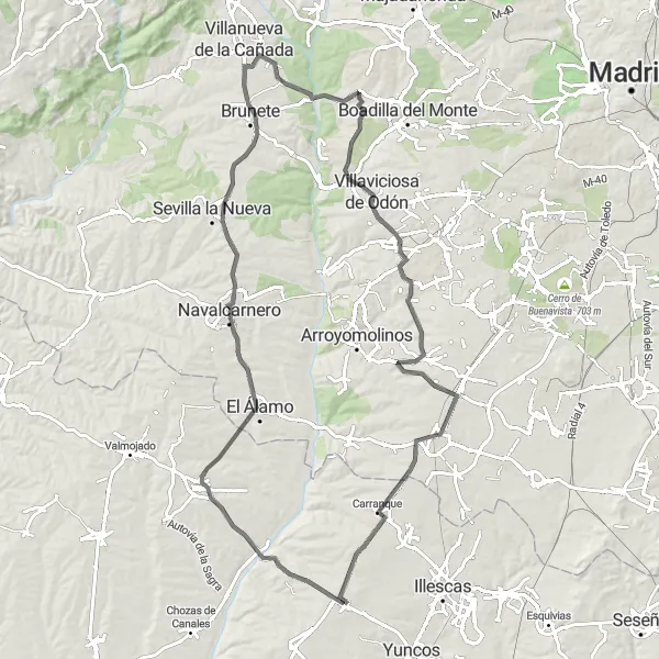 Map miniature of "Navalcarnero and Griñón Road Tour" cycling inspiration in Castilla-La Mancha, Spain. Generated by Tarmacs.app cycling route planner