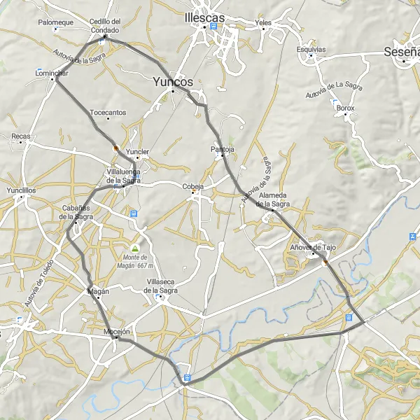 Miniatua del mapa de inspiración ciclista "Ruta por carretera cerca de Cedillo del Condado" en Castilla-La Mancha, Spain. Generado por Tarmacs.app planificador de rutas ciclistas