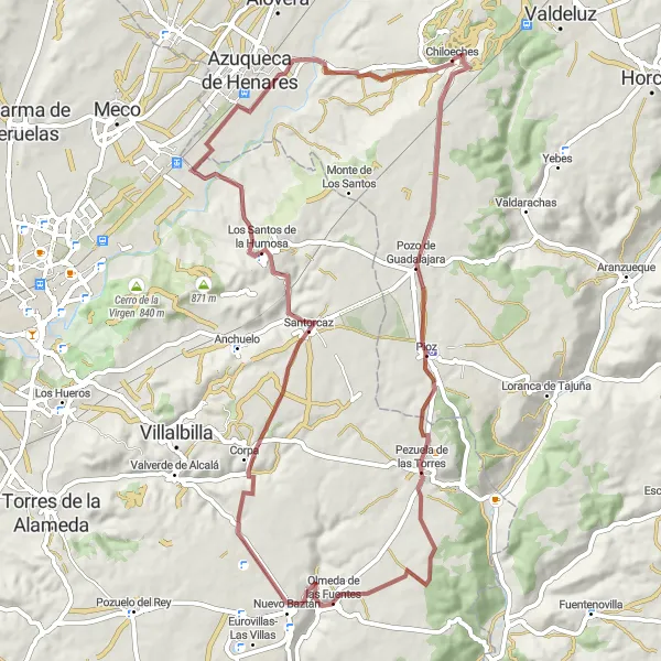 Miniatuurkaart van de fietsinspiratie "Pioz naar Los Santos de la Humosa Gravelrit" in Castilla-La Mancha, Spain. Gemaakt door de Tarmacs.app fietsrouteplanner