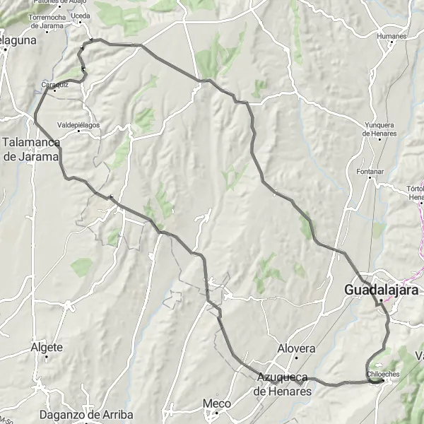 Miniatua del mapa de inspiración ciclista "Ruta de Ciclismo de Carretera Valdeavero - Chiloeches" en Castilla-La Mancha, Spain. Generado por Tarmacs.app planificador de rutas ciclistas