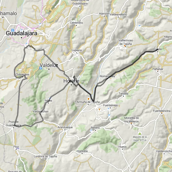 Map miniature of "Road Route: Valdeluz to Chiloeches" cycling inspiration in Castilla-La Mancha, Spain. Generated by Tarmacs.app cycling route planner