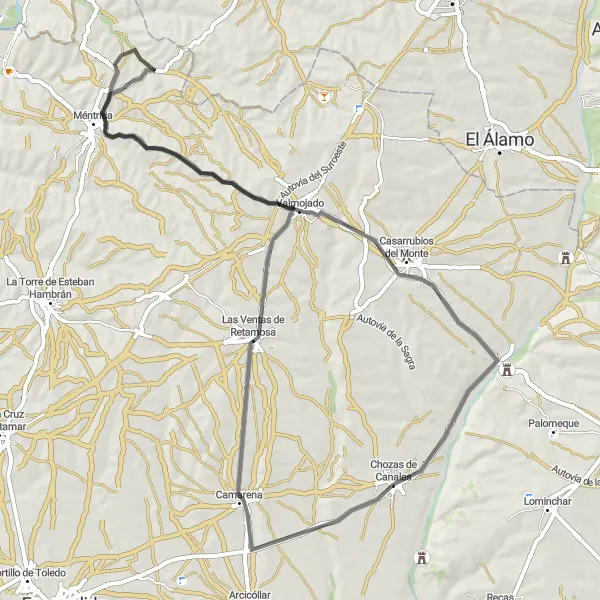 Map miniature of "The Méntrida Challenge" cycling inspiration in Castilla-La Mancha, Spain. Generated by Tarmacs.app cycling route planner