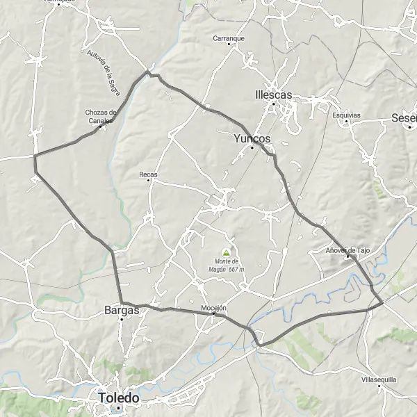 Map miniature of "Journey through Cedillo del Condado, Pantoja, Añover de Tajo, Mocejón, and Arcicóllar" cycling inspiration in Castilla-La Mancha, Spain. Generated by Tarmacs.app cycling route planner