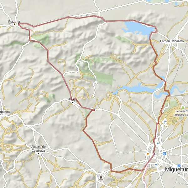 Miniatua del mapa de inspiración ciclista "Ruta de ciclismo de gravel desde Ciudad Real" en Castilla-La Mancha, Spain. Generado por Tarmacs.app planificador de rutas ciclistas