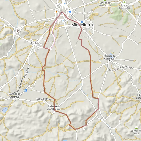 Miniatua del mapa de inspiración ciclista "Ruta de ciclismo de gravel desde Ciudad Real" en Castilla-La Mancha, Spain. Generado por Tarmacs.app planificador de rutas ciclistas