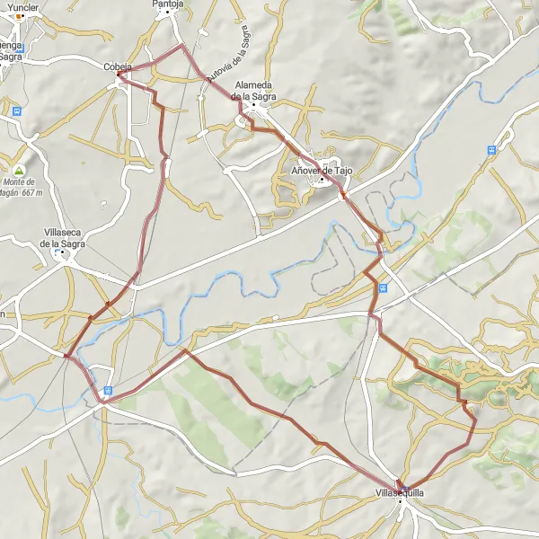 Miniatuurkaart van de fietsinspiratie "Ontdek Añover de Tajo, Villasequilla en Algodor op gravel wegen" in Castilla-La Mancha, Spain. Gemaakt door de Tarmacs.app fietsrouteplanner