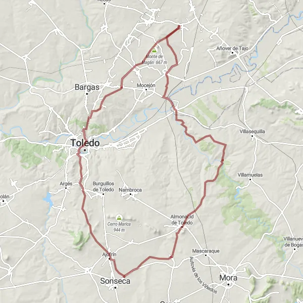 Map miniature of "Gravel Adventure in Cobeja and Surroundings" cycling inspiration in Castilla-La Mancha, Spain. Generated by Tarmacs.app cycling route planner