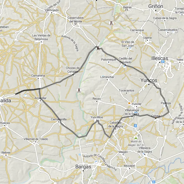 Map miniature of "Picturesque Road Cycling in Cobeja and Surroundings" cycling inspiration in Castilla-La Mancha, Spain. Generated by Tarmacs.app cycling route planner