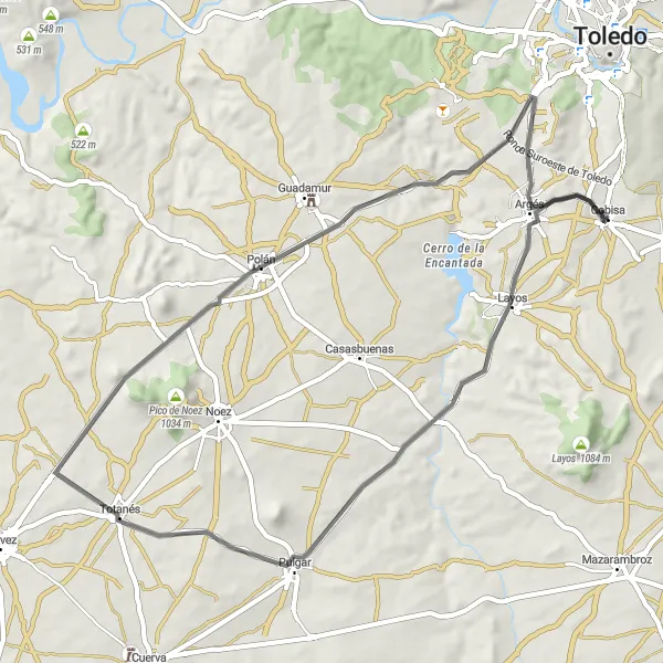 Map miniature of "From Cobisa to Layos and Beyond" cycling inspiration in Castilla-La Mancha, Spain. Generated by Tarmacs.app cycling route planner