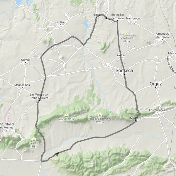 Miniatua del mapa de inspiración ciclista "Expedición en Carretera a Noez" en Castilla-La Mancha, Spain. Generado por Tarmacs.app planificador de rutas ciclistas