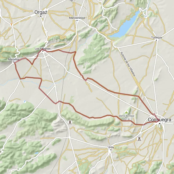 Miniatua del mapa de inspiración ciclista "Ruta Escénica en Grava hasta Los Yébenes" en Castilla-La Mancha, Spain. Generado por Tarmacs.app planificador de rutas ciclistas