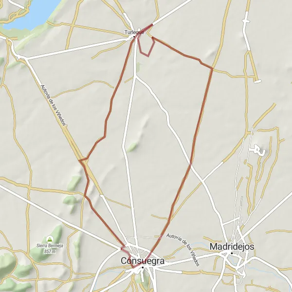 Map miniature of "Windmills and Gravel" cycling inspiration in Castilla-La Mancha, Spain. Generated by Tarmacs.app cycling route planner