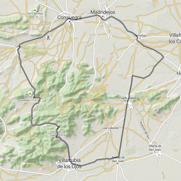 Miniatua del mapa de inspiración ciclista "Desafío de los Molinos y Puerto Lápice" en Castilla-La Mancha, Spain. Generado por Tarmacs.app planificador de rutas ciclistas