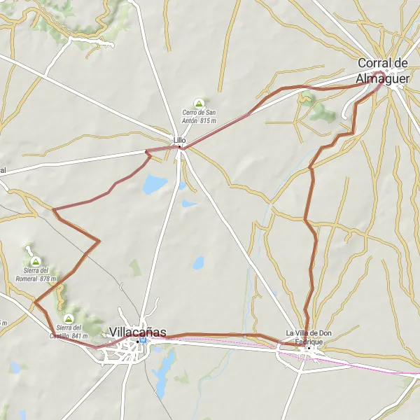 Miniatura mapy "Trasa na szutrze przez Cerro Moreno i Villacañas" - trasy rowerowej w Castilla-La Mancha, Spain. Wygenerowane przez planer tras rowerowych Tarmacs.app
