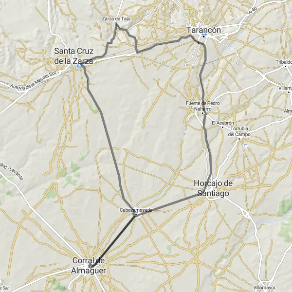 Miniatuurkaart van de fietsinspiratie "Route van Corral de Almaguer naar Cabezamesada, Zarza de Tajo, Fuente de Pedro Naharro en terug" in Castilla-La Mancha, Spain. Gemaakt door de Tarmacs.app fietsrouteplanner