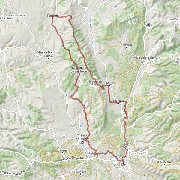 Map miniature of "Challenging Gravel Adventure to San Cristobal" cycling inspiration in Castilla-La Mancha, Spain. Generated by Tarmacs.app cycling route planner