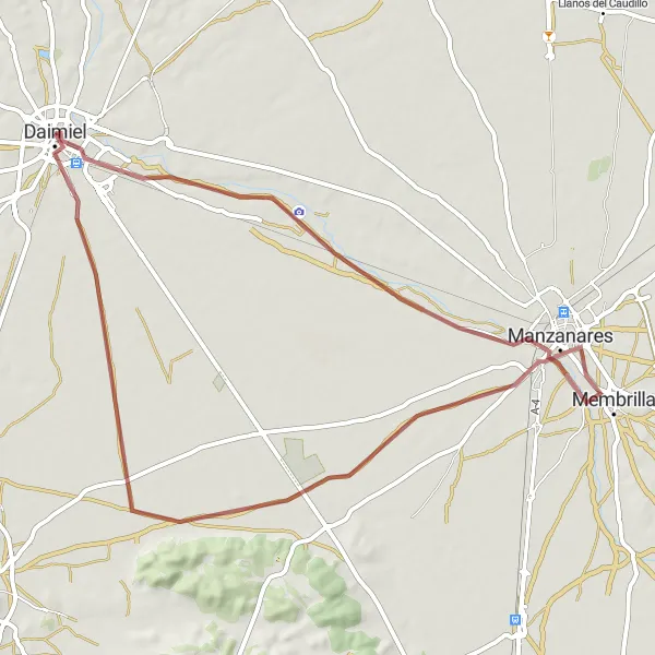 Miniatua del mapa de inspiración ciclista "Ruta de Daimiel a Motilla del Azuer y Manzanares" en Castilla-La Mancha, Spain. Generado por Tarmacs.app planificador de rutas ciclistas