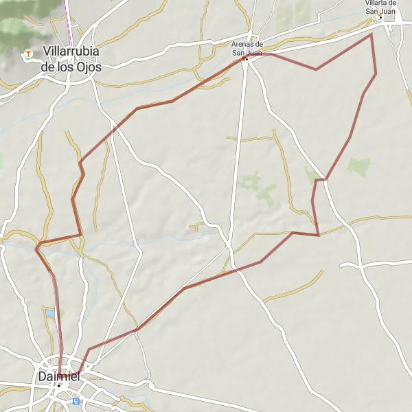 Miniatura mapy "Przygoda rowerowa po trudniejszym terenie w pobliżu Daimiel" - trasy rowerowej w Castilla-La Mancha, Spain. Wygenerowane przez planer tras rowerowych Tarmacs.app