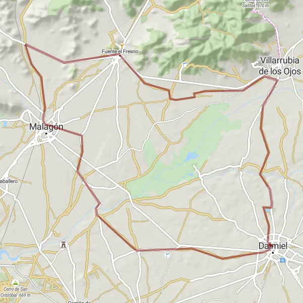 Map miniature of "Malagón and Fuente el Fresno Gravel Adventure" cycling inspiration in Castilla-La Mancha, Spain. Generated by Tarmacs.app cycling route planner