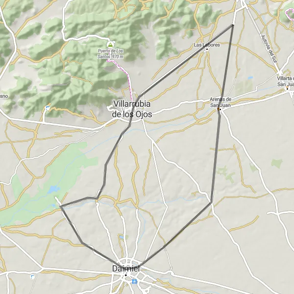 Map miniature of "Villarrubia de los Ojos and Las Labores Loop" cycling inspiration in Castilla-La Mancha, Spain. Generated by Tarmacs.app cycling route planner