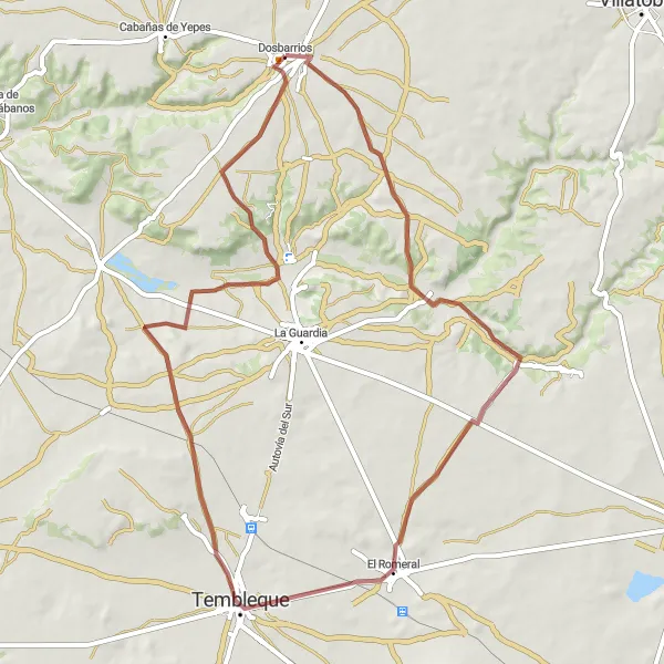 Map miniature of "Exploring Gravel Paths to Tembleque" cycling inspiration in Castilla-La Mancha, Spain. Generated by Tarmacs.app cycling route planner