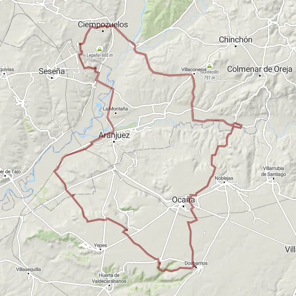 Map miniature of "Dosbarrios - Ciruelos - Aranjuez Royal Palace - Ciempozuelos - Villaconejos - Ocaña" cycling inspiration in Castilla-La Mancha, Spain. Generated by Tarmacs.app cycling route planner