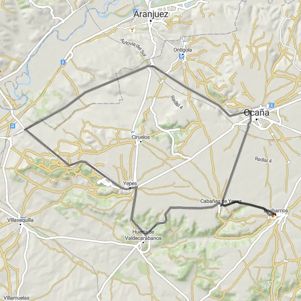 Miniatura mapy "Malowniczy szlak szosowy przez Cabañas de Yepes i Ocaña" - trasy rowerowej w Castilla-La Mancha, Spain. Wygenerowane przez planer tras rowerowych Tarmacs.app
