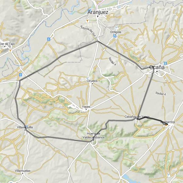 Miniatura mapy "Trasa wokół Dosbarrios (Castilla-La Mancha, Hiszpania) - droga" - trasy rowerowej w Castilla-La Mancha, Spain. Wygenerowane przez planer tras rowerowych Tarmacs.app
