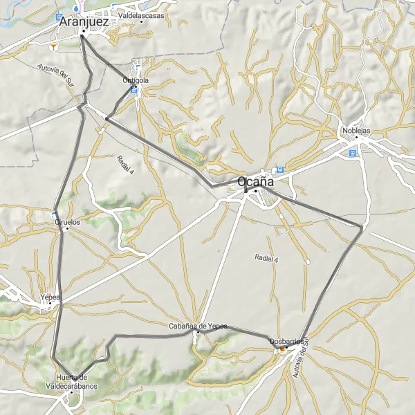 Map miniature of "Dosbarrios - Yepes - Ontígola - Ocaña" cycling inspiration in Castilla-La Mancha, Spain. Generated by Tarmacs.app cycling route planner