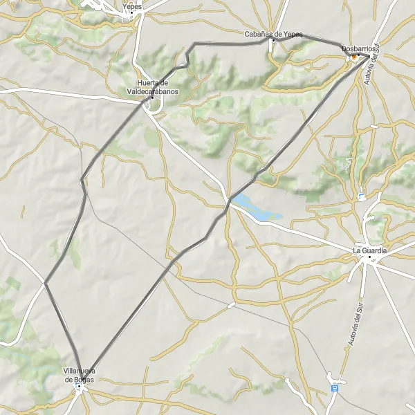 Miniatura mapy "Trasa wokół Dosbarrios (Castilla-La Mancha, Hiszpania) - droga" - trasy rowerowej w Castilla-La Mancha, Spain. Wygenerowane przez planer tras rowerowych Tarmacs.app