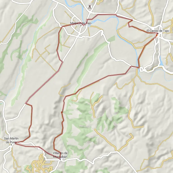 Map miniature of "The Scenic Gravel Tour: El Carpio de Tajo to Malpica de Tajo" cycling inspiration in Castilla-La Mancha, Spain. Generated by Tarmacs.app cycling route planner