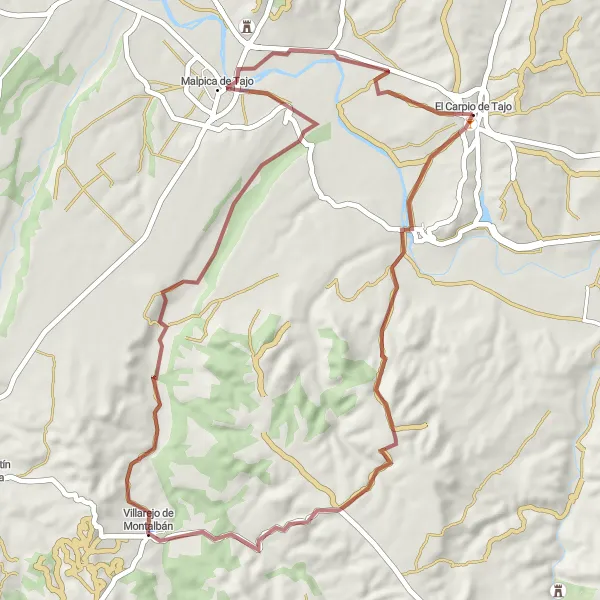 Map miniature of "The Gravel Escape" cycling inspiration in Castilla-La Mancha, Spain. Generated by Tarmacs.app cycling route planner