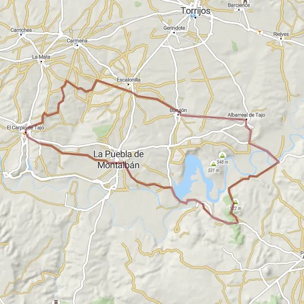 Map miniature of "The Gravel Path" cycling inspiration in Castilla-La Mancha, Spain. Generated by Tarmacs.app cycling route planner