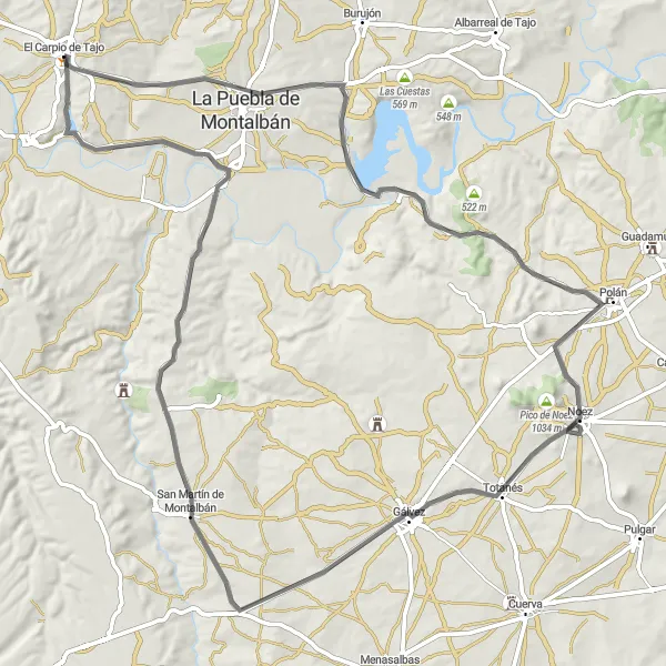 Map miniature of "The Castle Trail" cycling inspiration in Castilla-La Mancha, Spain. Generated by Tarmacs.app cycling route planner