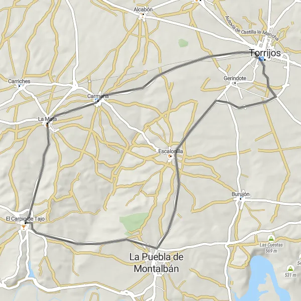 Map miniature of "The Tajo River Loop" cycling inspiration in Castilla-La Mancha, Spain. Generated by Tarmacs.app cycling route planner