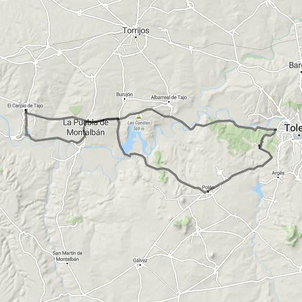 Map miniature of "The Hilltop Challenge" cycling inspiration in Castilla-La Mancha, Spain. Generated by Tarmacs.app cycling route planner