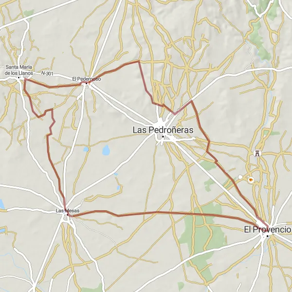 Map miniature of "Gravel Adventure to El Provencio" cycling inspiration in Castilla-La Mancha, Spain. Generated by Tarmacs.app cycling route planner