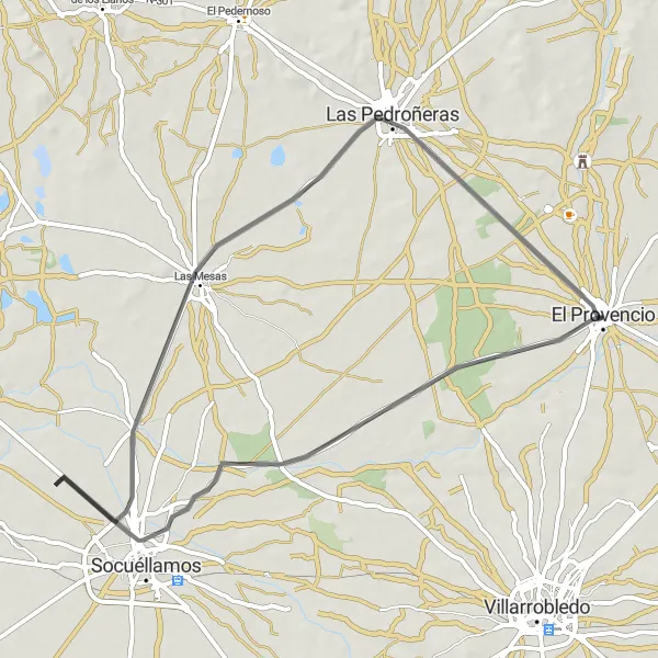 Map miniature of "Road Cycling Delight from El Provencio to Las Pedroñeras" cycling inspiration in Castilla-La Mancha, Spain. Generated by Tarmacs.app cycling route planner