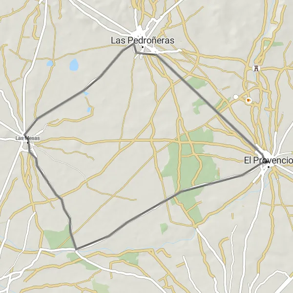 Map miniature of "Road Cycling Adventure near El Provencio" cycling inspiration in Castilla-La Mancha, Spain. Generated by Tarmacs.app cycling route planner