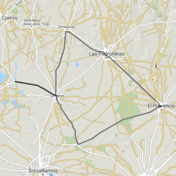 Map miniature of "The Scenic Road Trip from El Provencio to Las Pedroñeras" cycling inspiration in Castilla-La Mancha, Spain. Generated by Tarmacs.app cycling route planner