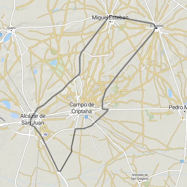 Miniatura mapy "Zwiedzanie murów miejskich pozostałości w Miguel Esteban" - trasy rowerowej w Castilla-La Mancha, Spain. Wygenerowane przez planer tras rowerowych Tarmacs.app
