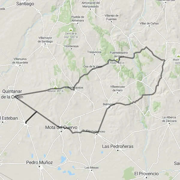 Miniatuurkaart van de fietsinspiratie "Uitdagende tocht rond El Toboso en omstreken" in Castilla-La Mancha, Spain. Gemaakt door de Tarmacs.app fietsrouteplanner