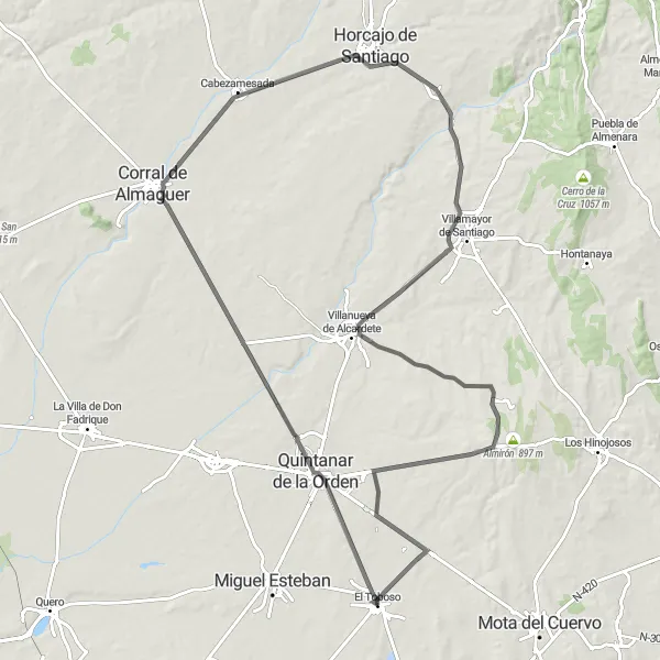 Miniatuurkaart van de fietsinspiratie "Avontuurlijke Wegrit naar Quintanar de la Orden en Pozorrubio de Santiago" in Castilla-La Mancha, Spain. Gemaakt door de Tarmacs.app fietsrouteplanner