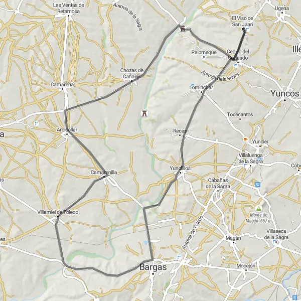 Miniatura mapy "Przejażdżka szosowa do Villamiel de Toledo" - trasy rowerowej w Castilla-La Mancha, Spain. Wygenerowane przez planer tras rowerowych Tarmacs.app