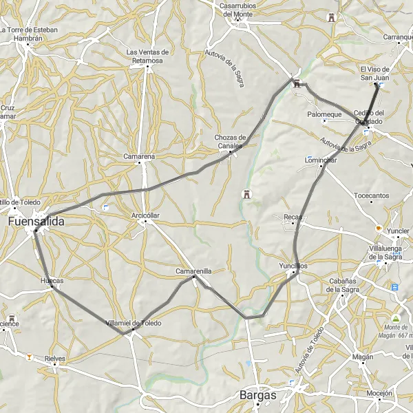 Map miniature of "Road Cycling Route from El Viso de San Juan to Castillo de Olmos" cycling inspiration in Castilla-La Mancha, Spain. Generated by Tarmacs.app cycling route planner