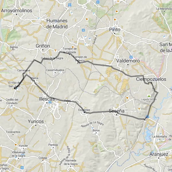 Miniatua del mapa de inspiración ciclista "Ruta en Carretera: Torrejón de Velasco - Ugena" en Castilla-La Mancha, Spain. Generado por Tarmacs.app planificador de rutas ciclistas