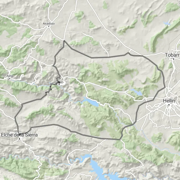 Map miniature of "Scenic Road Adventure around Elche de la Sierra" cycling inspiration in Castilla-La Mancha, Spain. Generated by Tarmacs.app cycling route planner